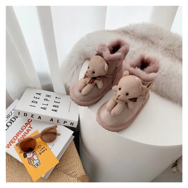 Botas de nieve beige gris forradas de peluche con charm de oso de peluche 15