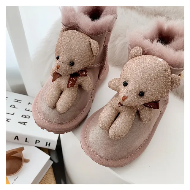 Botas de nieve beige gris forradas de peluche con charm de oso de peluche 16
