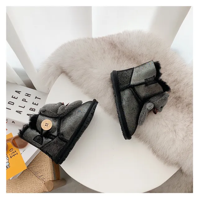 Botas de nieve beige gris forradas de peluche con charm de oso de peluche 17
