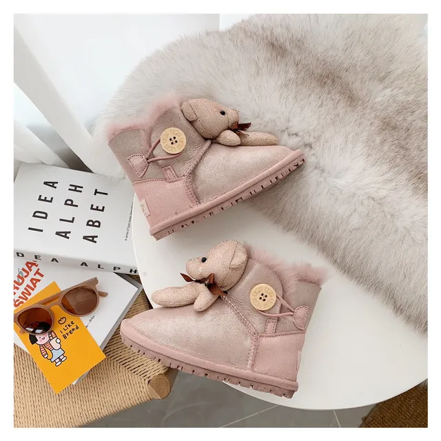 Botas de nieve beige gris forradas de peluche con charm de oso de peluche 18