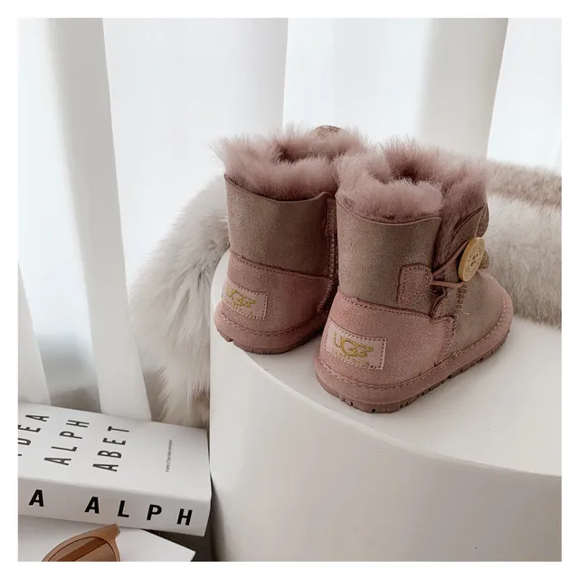 Botas de nieve beige gris forradas de peluche con charm de oso de peluche 19