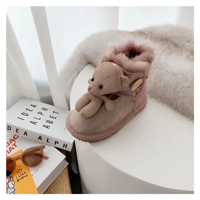 Botas de nieve beige gris forradas de peluche con charm de oso de peluche 20