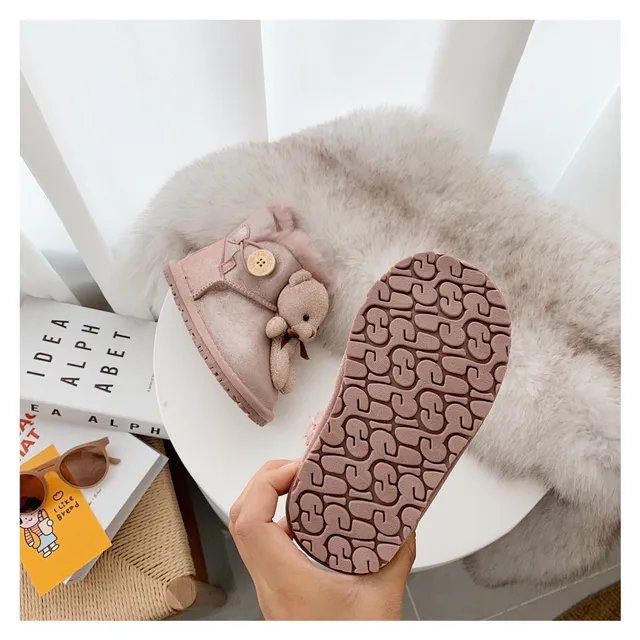 Botas de nieve beige gris forradas de peluche con charm de oso de peluche 21