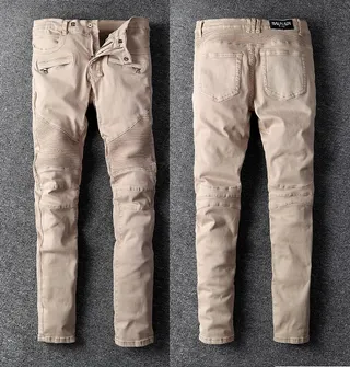 Beige Motorcycle-Style Slim Fit Pants 2