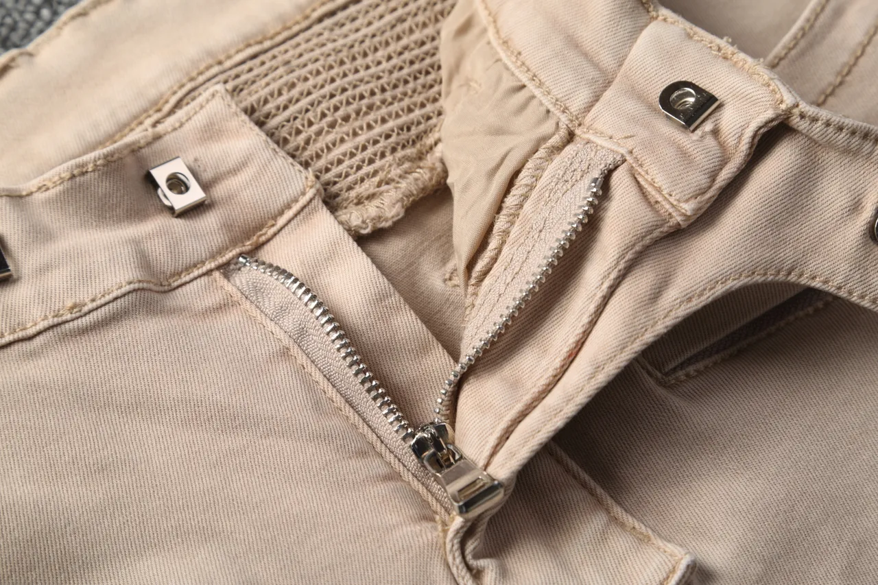 Beige Motorcycle-Style Slim Fit Pants 6