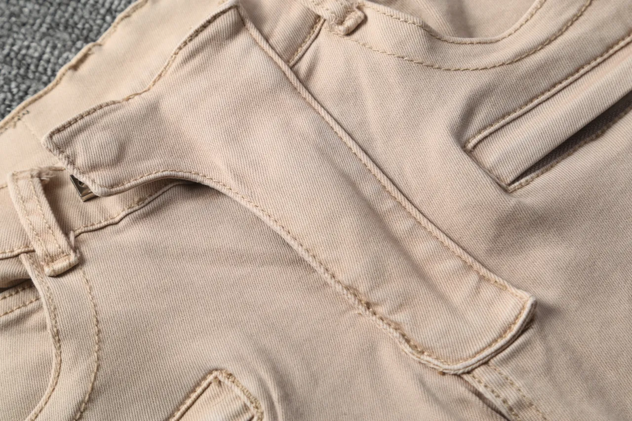 Beige Motorcycle-Style Slim Fit Pants 7