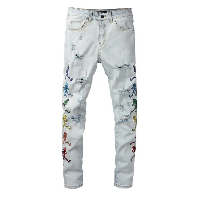 Beige Multicolor Light-Wash Distressed Slim-Fit Jeans 5