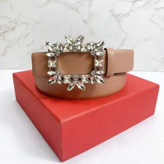Beige Silver Narrow Strap Rectangular Crystal-Embellished Buckle Leather Belt