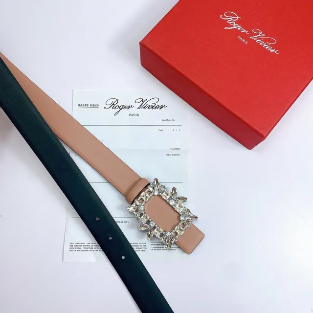 Beige Silver Narrow Strap Rectangular Crystal-Embellished Buckle Leather Belt 2