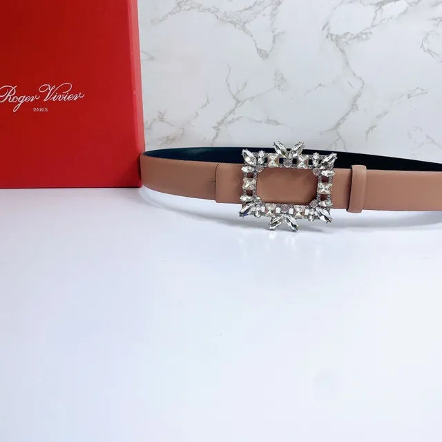 Beige Silver Narrow Strap Rectangular Crystal-Embellished Buckle Leather Belt 4