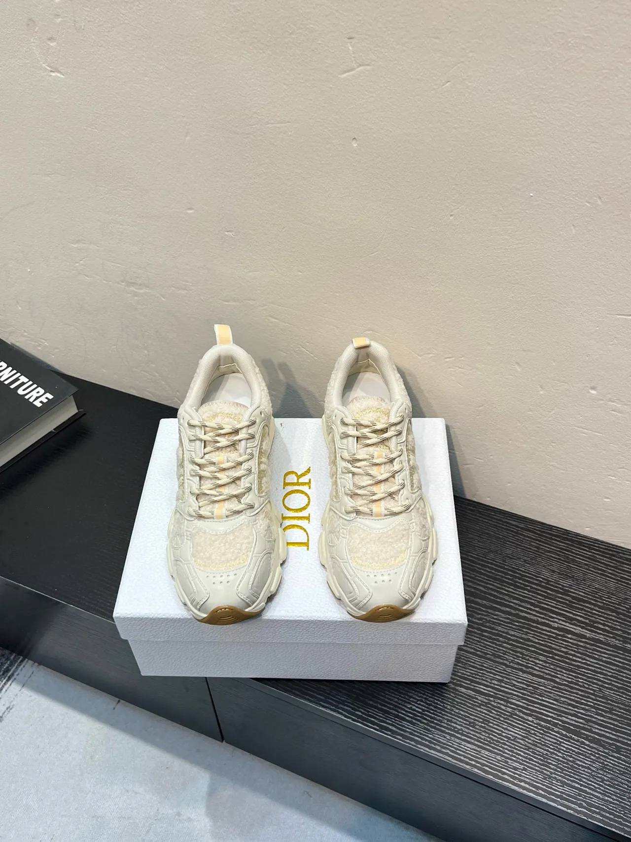 Beige White Oversized Sole Shearling-Textured Panels Chunky Sneakers 2
