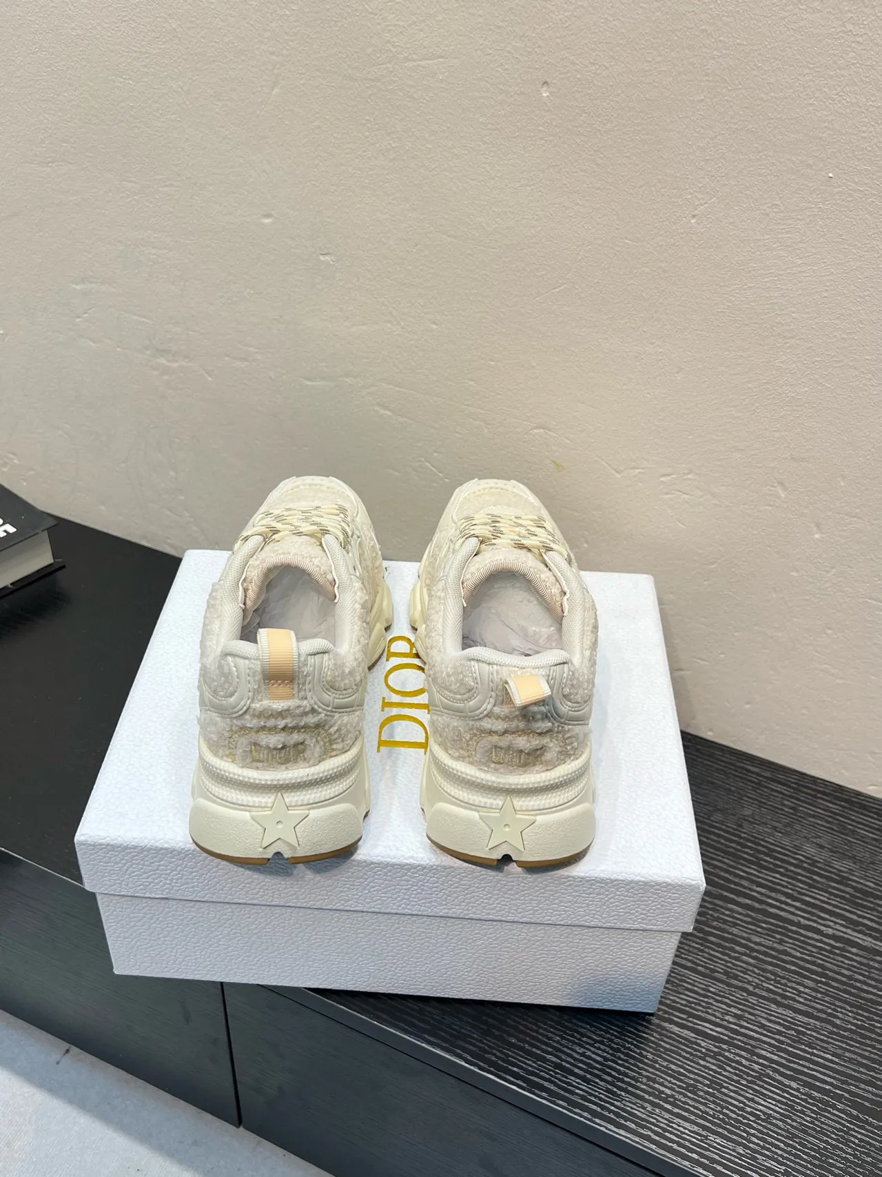 Beige White Oversized Sole Shearling-Textured Panels Chunky Sneakers 6