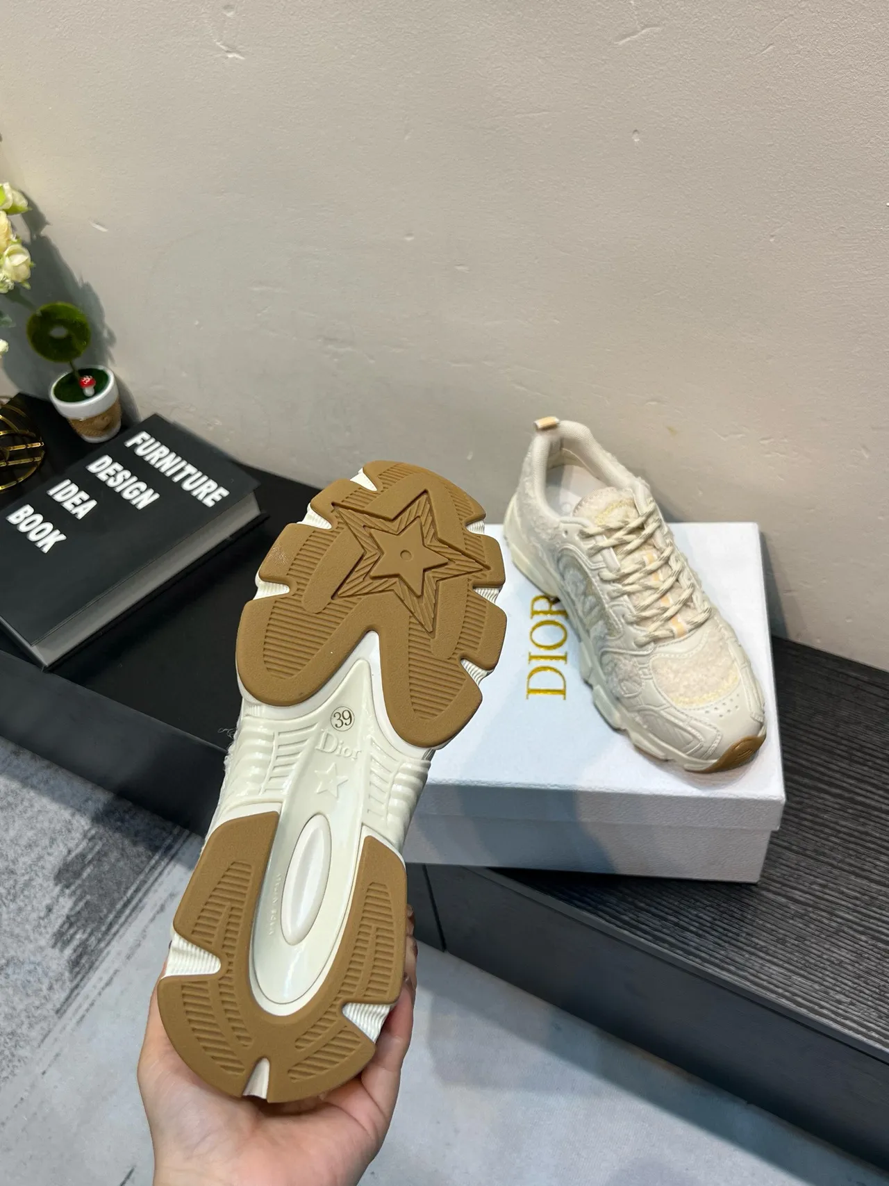 Beige White Oversized Sole Shearling-Textured Panels Chunky Sneakers 8