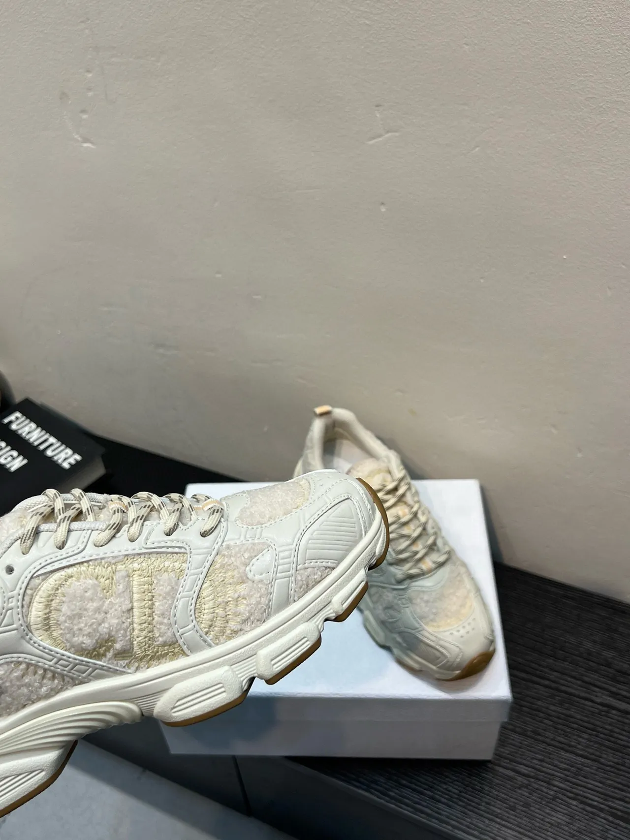 Beige White Oversized Sole Shearling-Textured Panels Chunky Sneakers 9