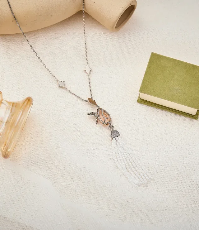 Beige White Pearl Tassel Faceted Teardrop Pendant Necklace 2