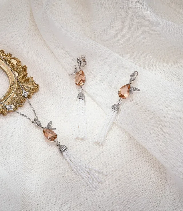 Beige White Pearl Tassel Faceted Teardrop Pendant Necklace 4