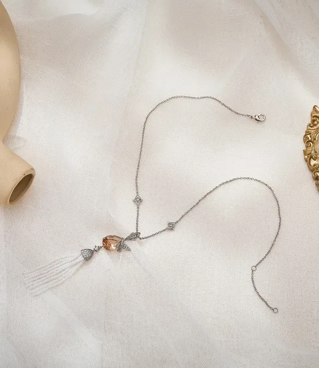 Beige White Pearl Tassel Faceted Teardrop Pendant Necklace 5