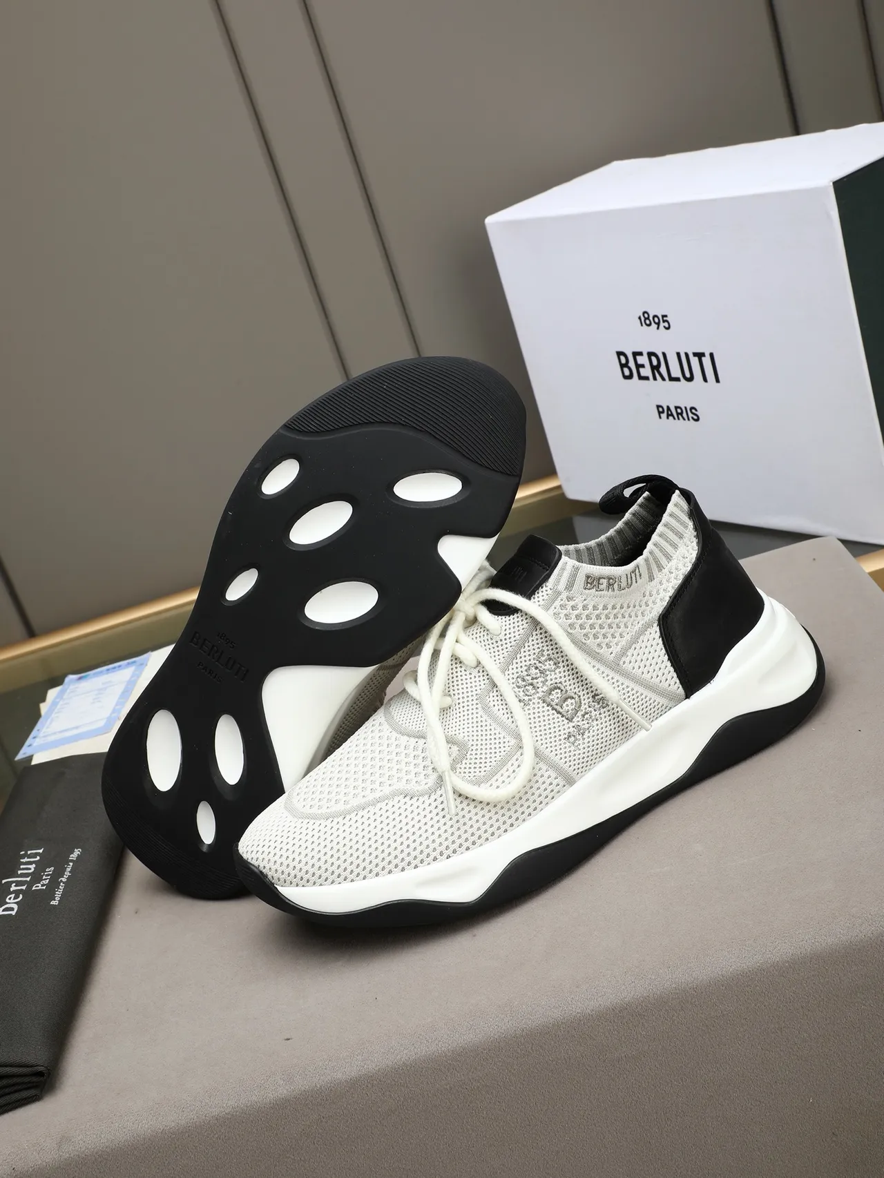 Berluti Beige Black Knit Mesh Upper Leather Heel Counter Chunky Sneakers 4