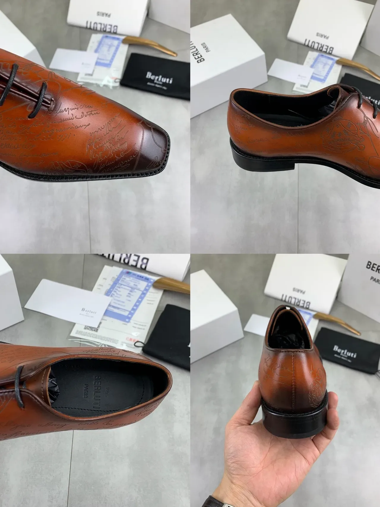 Berluti Zapatos Oxford Marrón Negro Punta a Tapa Motivo Grabado Script 2
