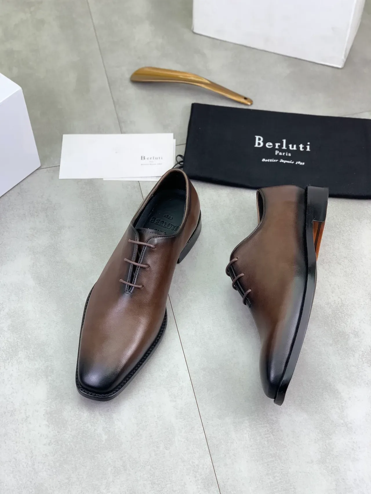 Berluti Brown Black Square-Toe Welted Construction Oxford Shoes 5