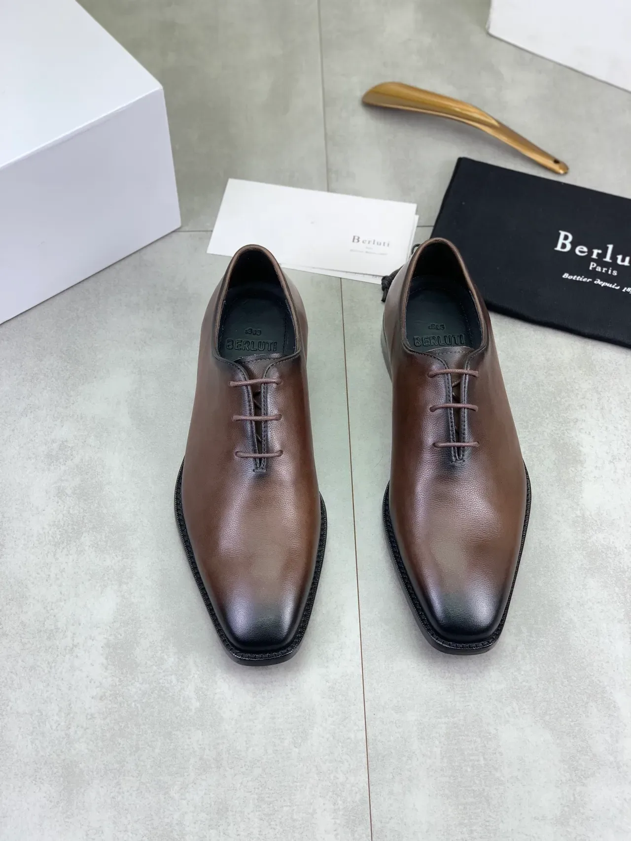 Berluti Brown Black Square-Toe Welted Construction Oxford Shoes 6
