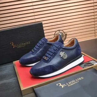 Billionaire Azul Marino Blanco Cuero Mezclado Y Ante Superior Emblema De Escudo De Metal Zapatillas Lifestyle