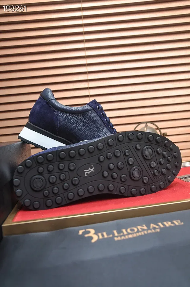 Billionaire Navy White Mixed Leather And Suede Upper Metal Shield Emblem Lifestyle Sneakers 2