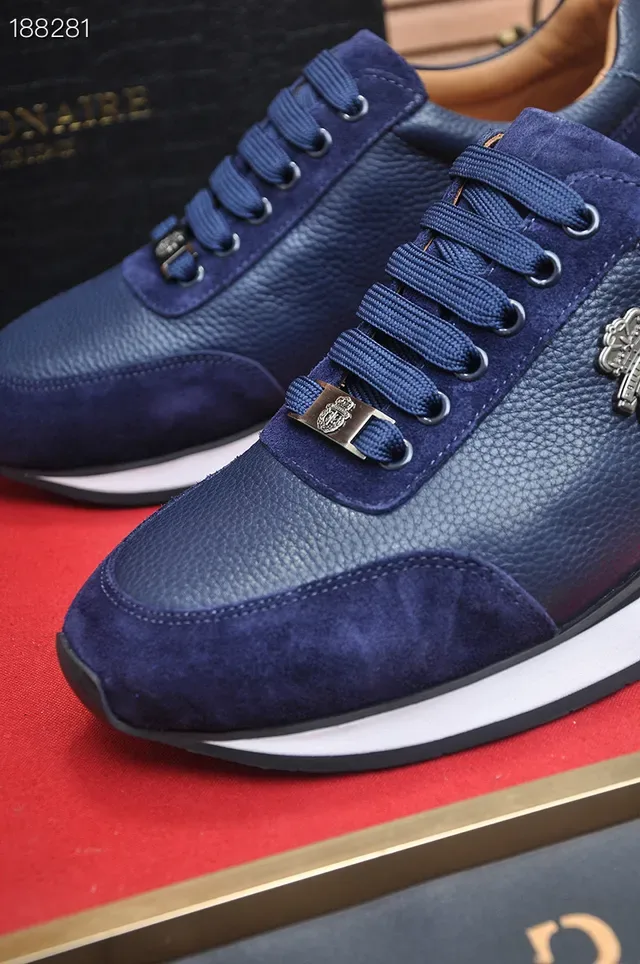 Billionaire Navy White Mixed Leather And Suede Upper Metal Shield Emblem Lifestyle Sneakers 3