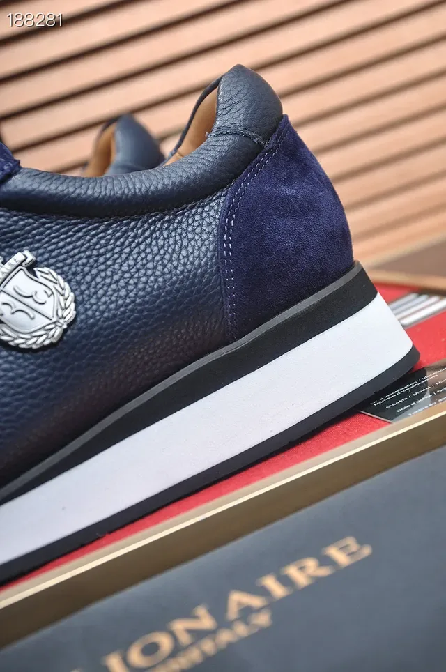 Billionaire Navy White Mixed Leather And Suede Upper Metal Shield Emblem Lifestyle Sneakers 4