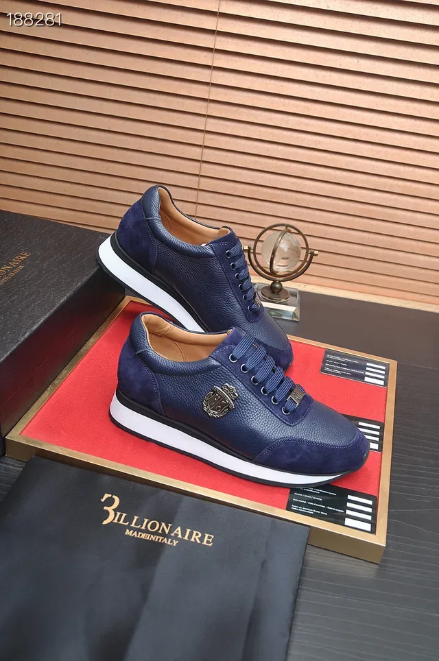 Billionaire Navy White Mixed Leather And Suede Upper Metal Shield Emblem Lifestyle Sneakers 6