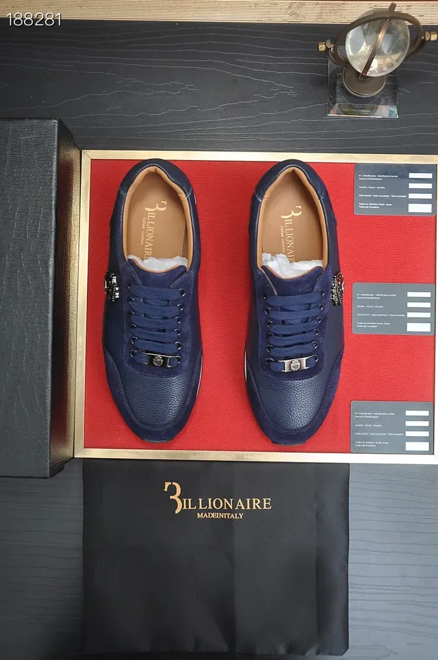 Billionaire Navy White Mixed Leather And Suede Upper Metal Shield Emblem Lifestyle Sneakers 7