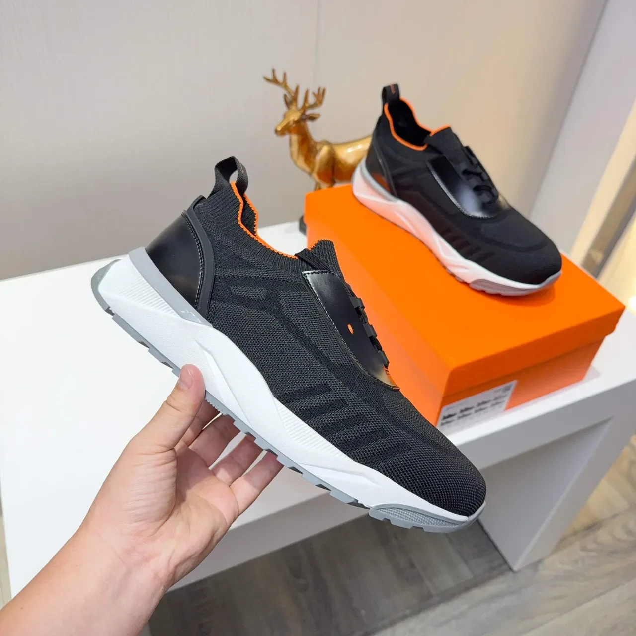 Black and Orange Knit Laceless Slip-On Sneakers 5