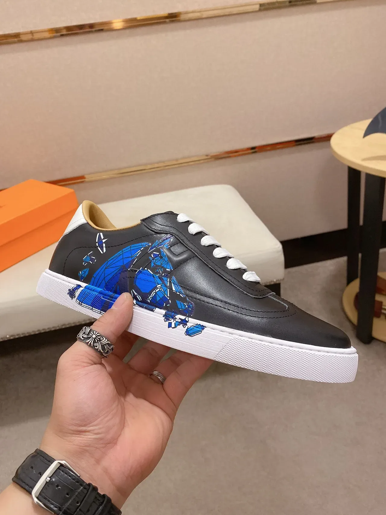 Black Blue Leather Upper Low-Top Sneakers 6