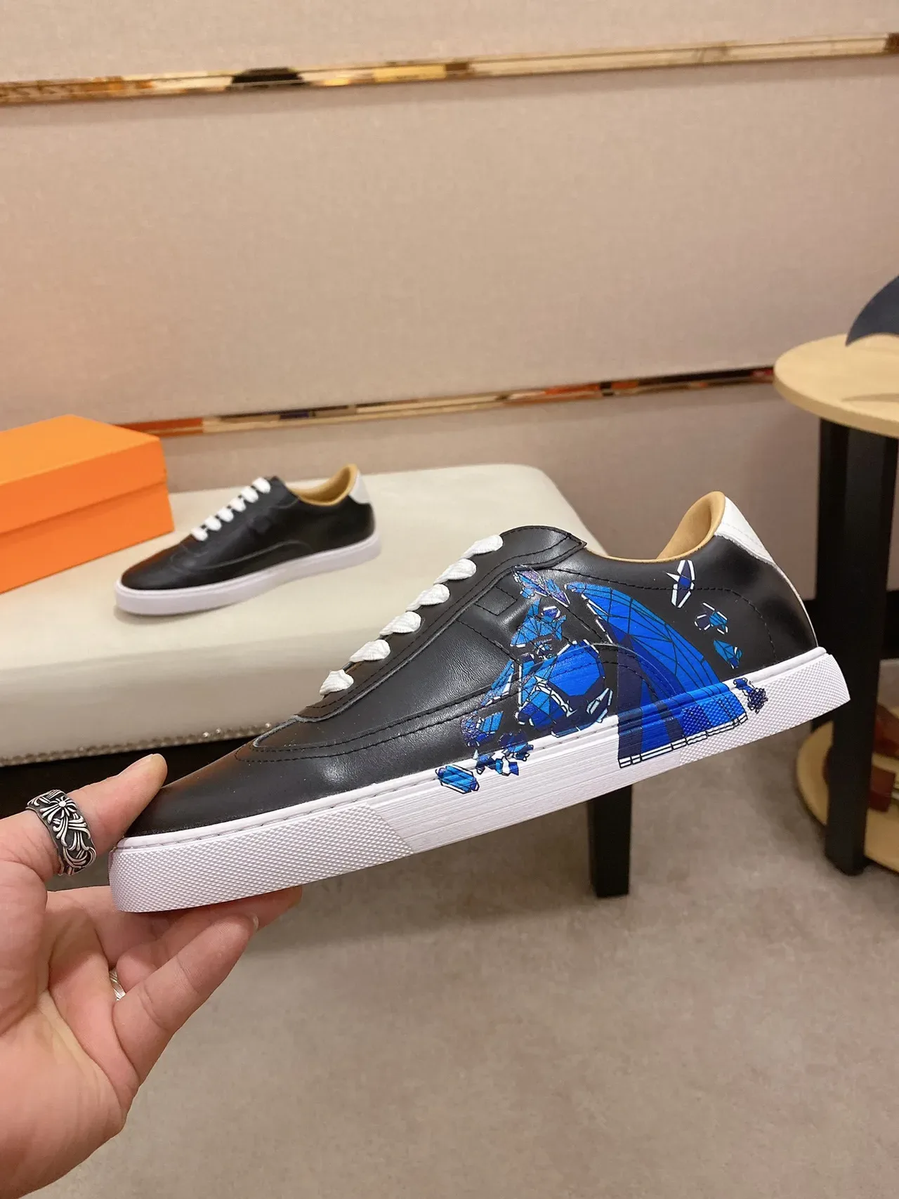 Black Blue Leather Upper Low-Top Sneakers 7