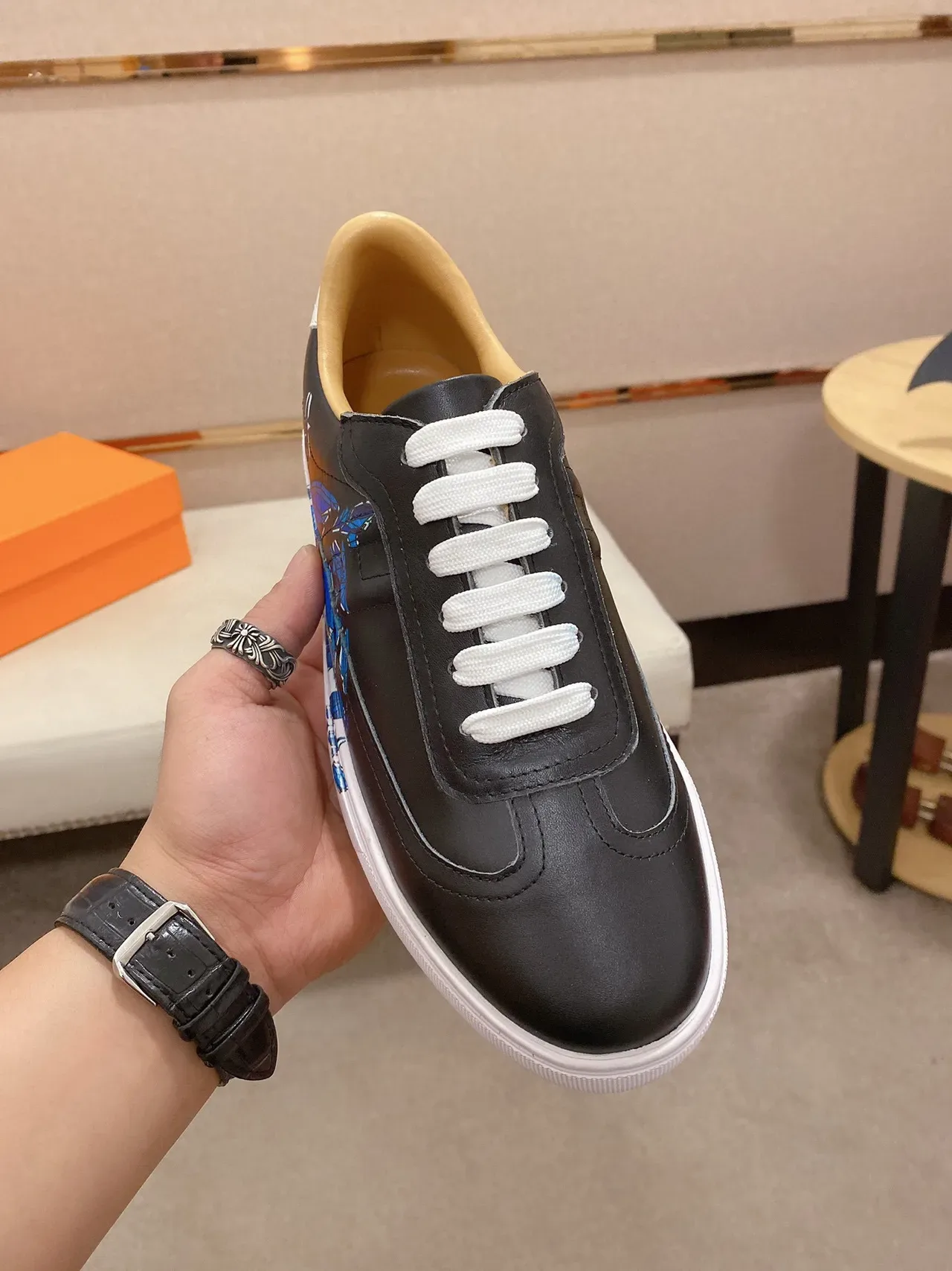 Black Blue Leather Upper Low-Top Sneakers 8