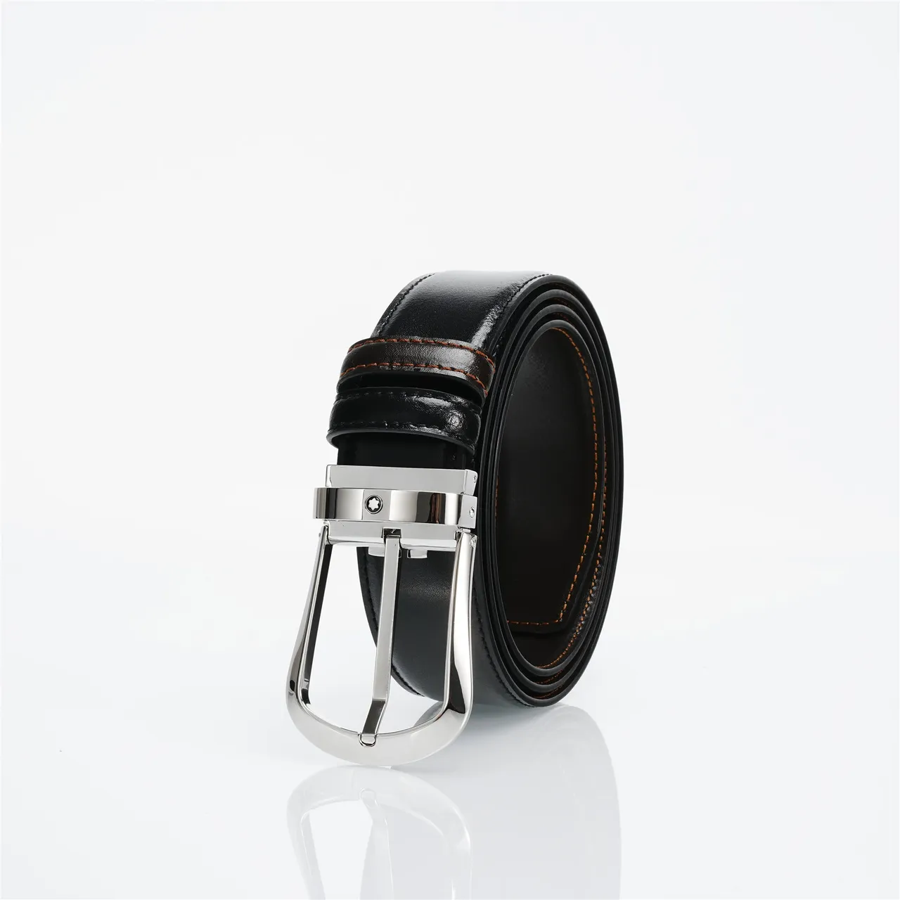 Black Brown Polished Silver-Tone Buckle Smooth Leather Belt 5