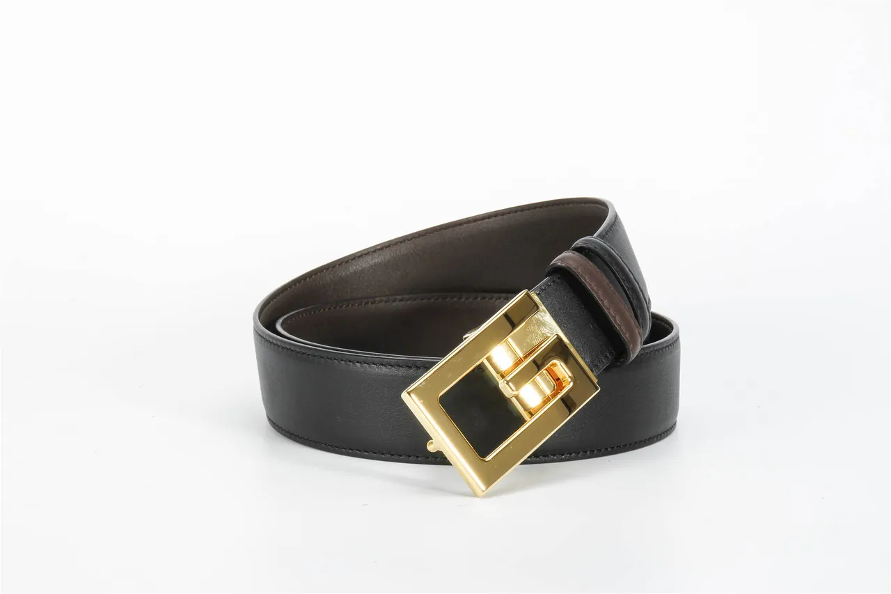 Black Brown Reversible Two-Tone Rectangular Buckle Leather Belt 5