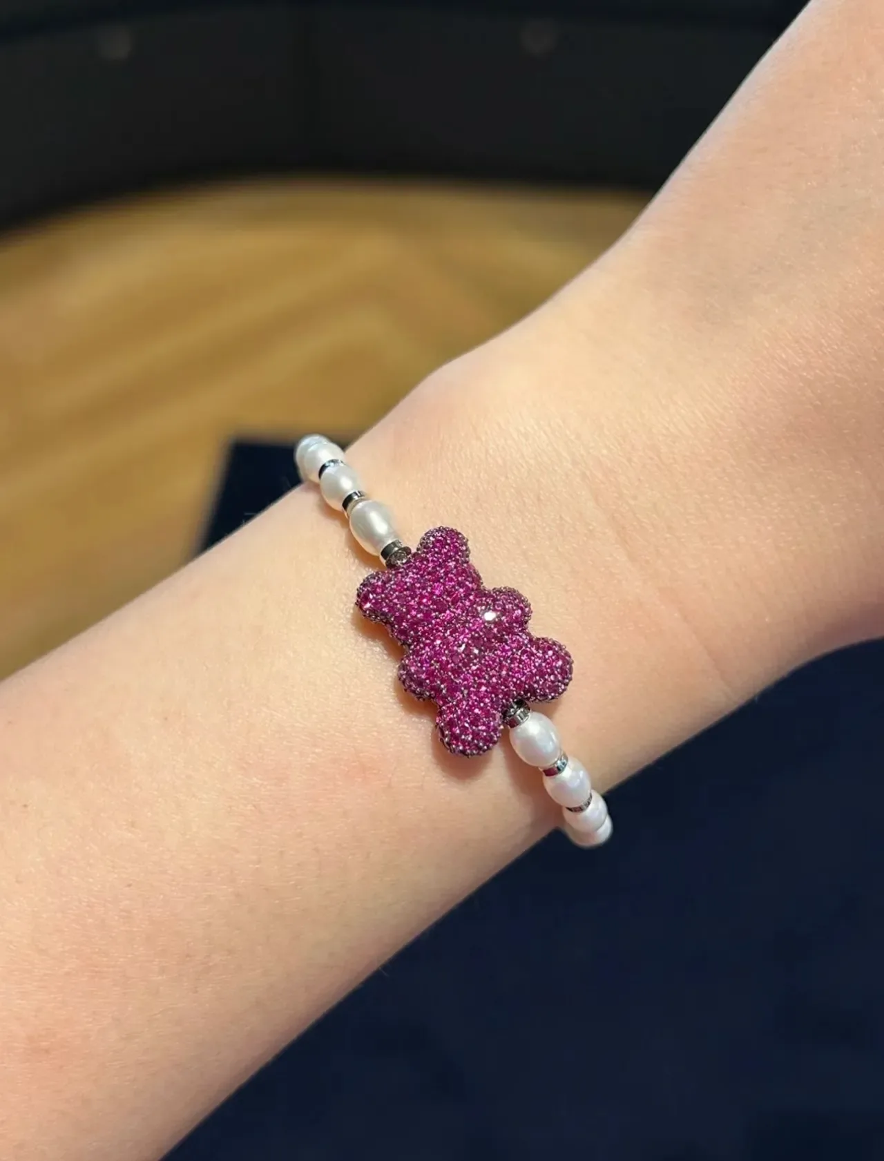 Black Crystal Bear Charm and Pearl Bead Stretch Bracelet 5
