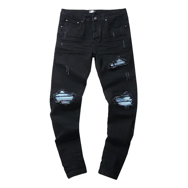Black Distressed Slim-Fit Ripped Knee Jeans 2
