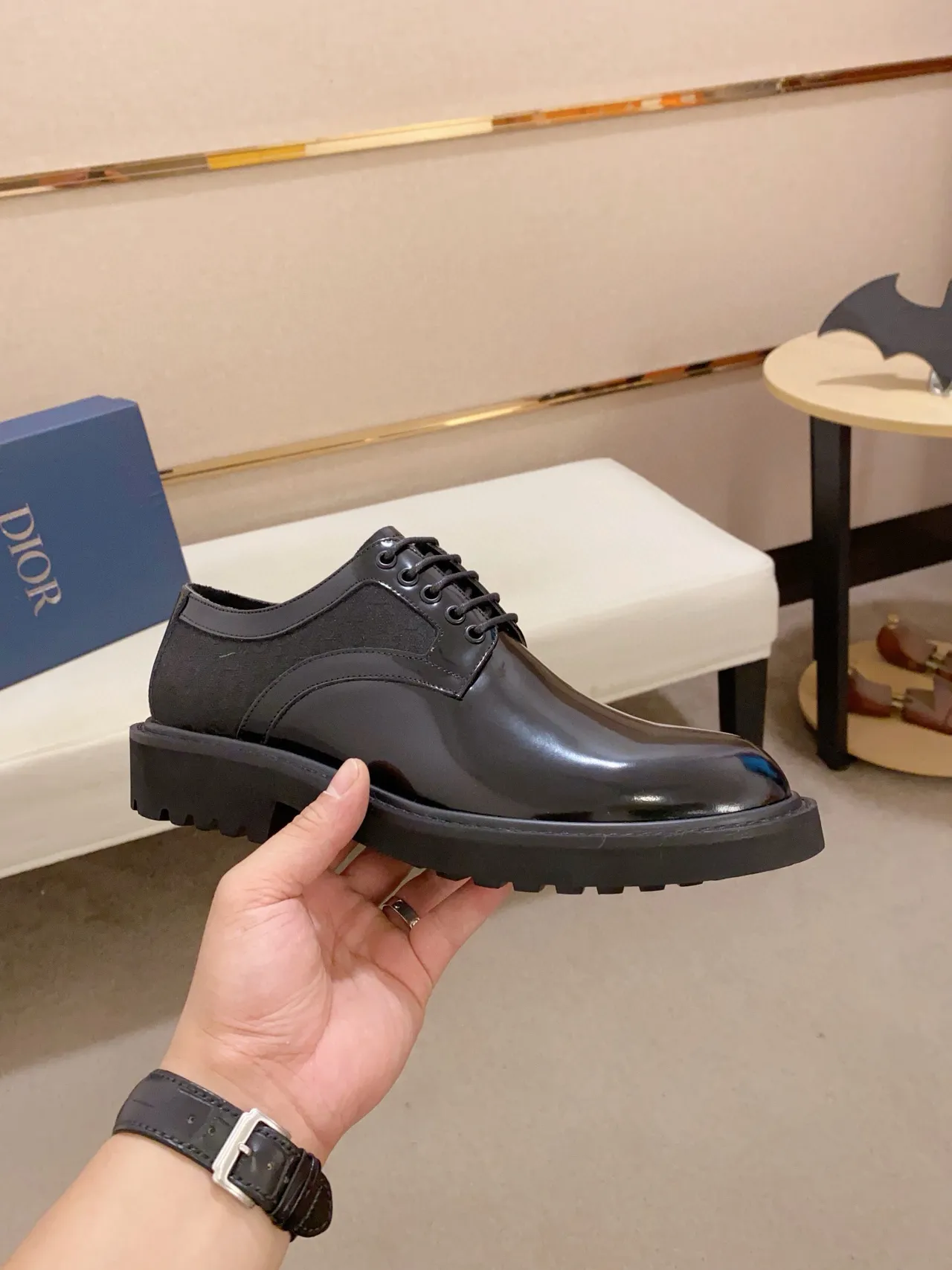 Black Glossy-Matte Two-Tone Cap-Toe Lug Sole Oxford Shoe 4