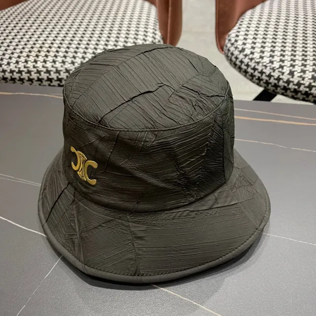 Black Gold Crinkled Textured Fabric Structured Crown Bucket Hat 3