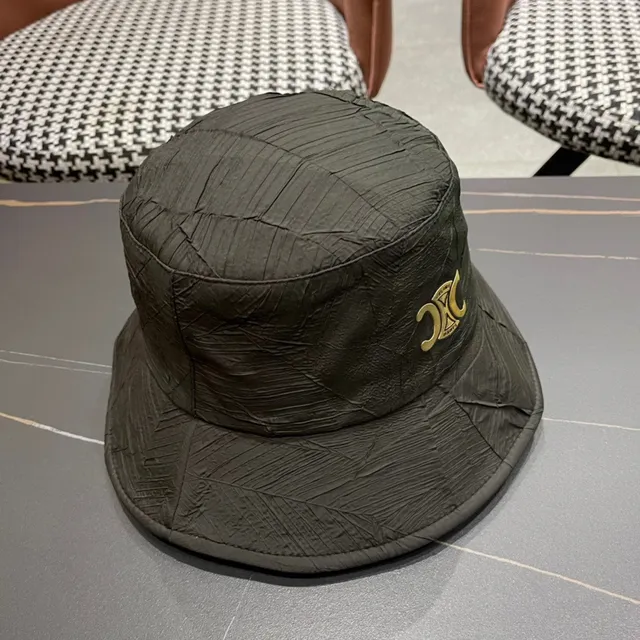 Black Gold Crinkled Textured Fabric Structured Crown Bucket Hat 4