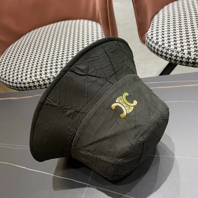 Black Gold Crinkled Textured Fabric Structured Crown Bucket Hat 9