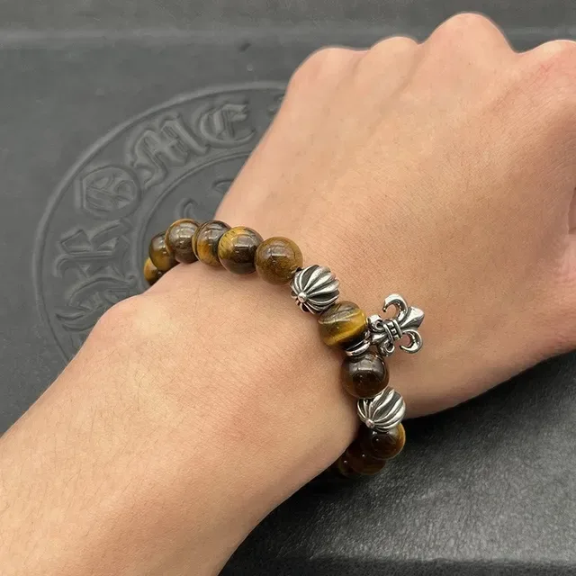 Black Gold Glossy Bead Fleur-De-Lis Pendant Bracelet 2