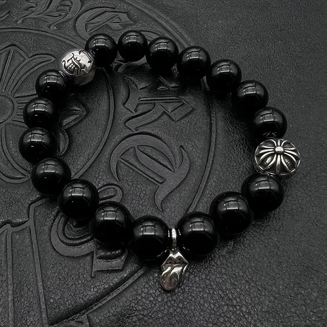 Black Gold Glossy Bead Fleur-De-Lis Pendant Bracelet 4