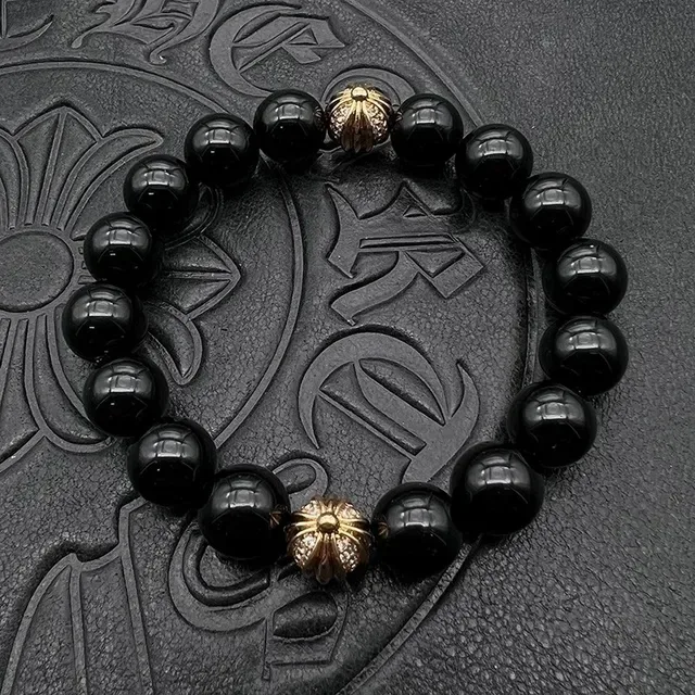 Black Gold Glossy Bead Fleur-De-Lis Pendant Bracelet 5