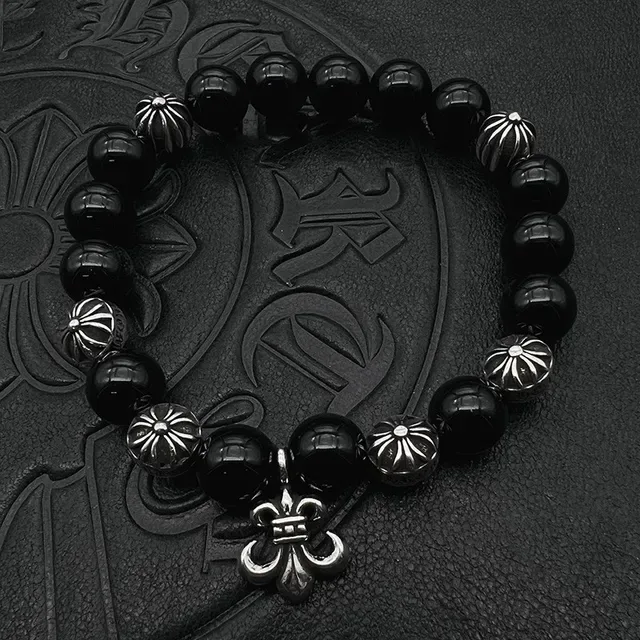 Black Gold Glossy Bead Fleur-De-Lis Pendant Bracelet 6