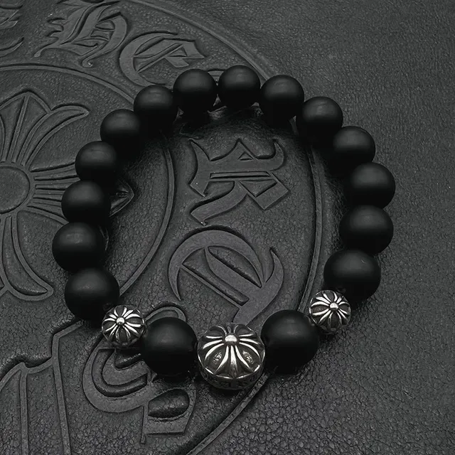 Black Gold Glossy Bead Fleur-De-Lis Pendant Bracelet 9