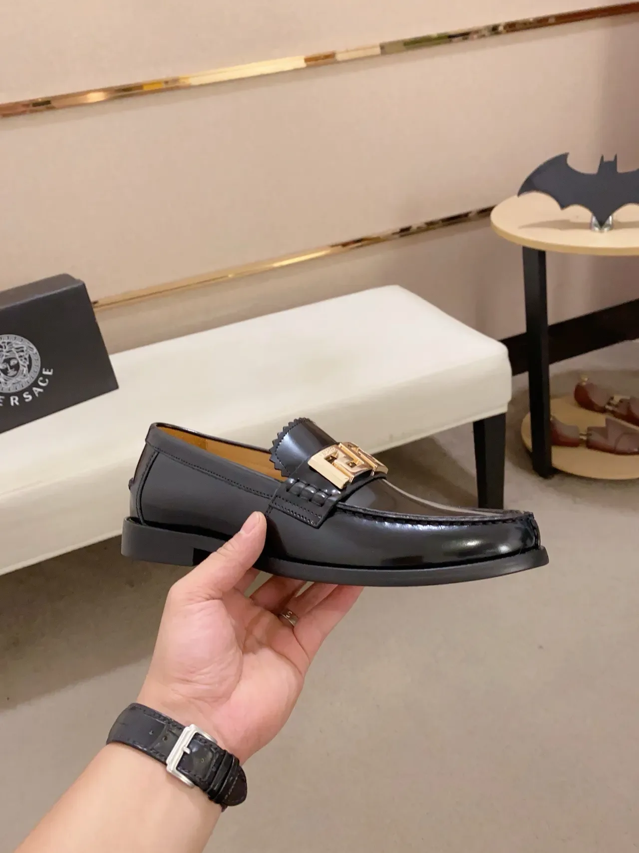 Black Gold Patent Leather Metal Bit Detail Loafer 5