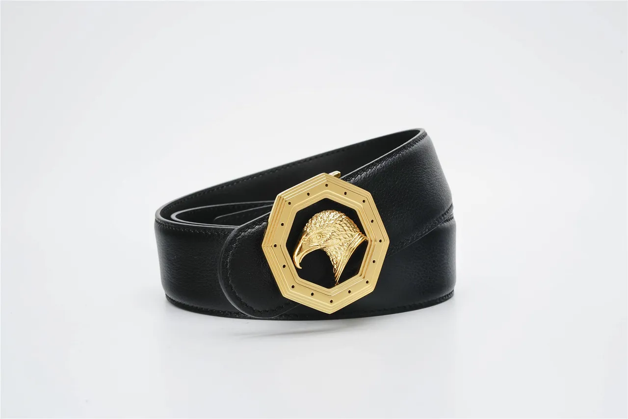 Black Gold Pebbled Octagonal Buckle Leather Belt 4